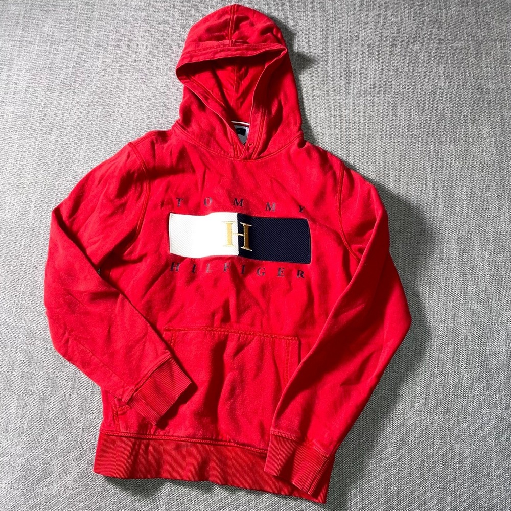 Tommy Hilfiger Hoodie Mens M Red Big Spellout Logo Fleece Lined Kangaroo Pocket